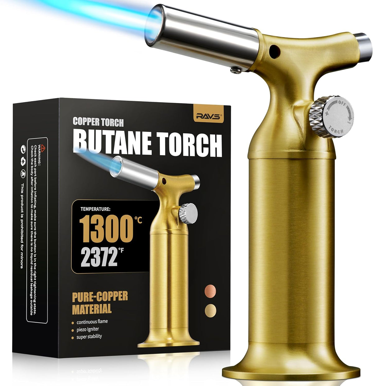 RAVS Butane Torch Lighter with Solid Copper Design, Food Torch for Cooking