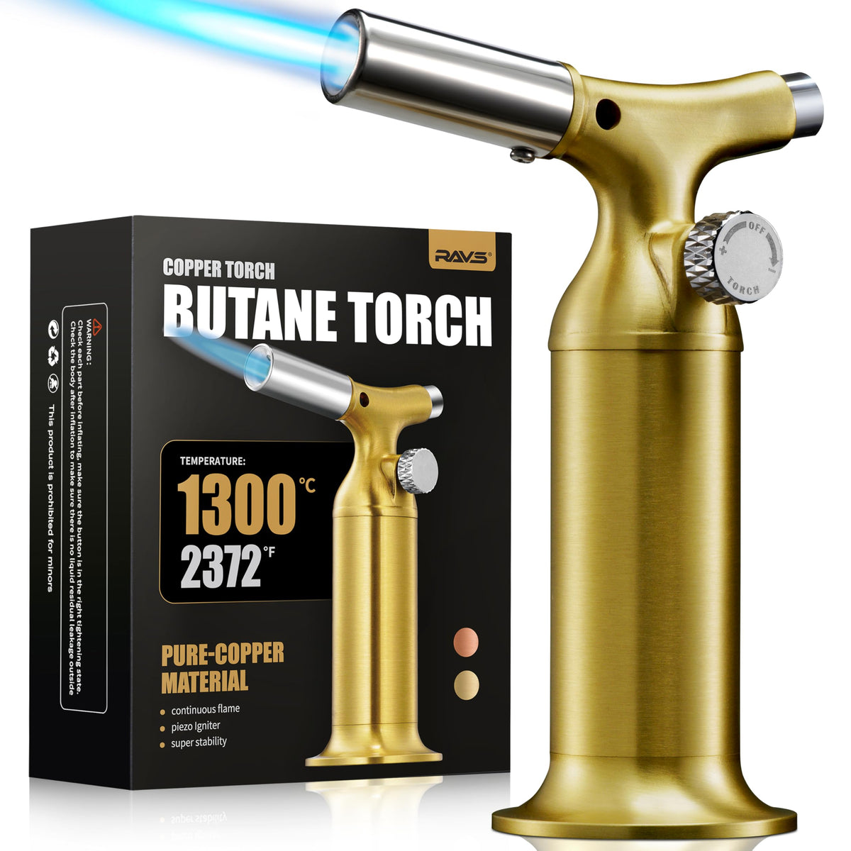 RAVS Butane Torch Lighter with Solid Copper Design, Food Torch for Cooking