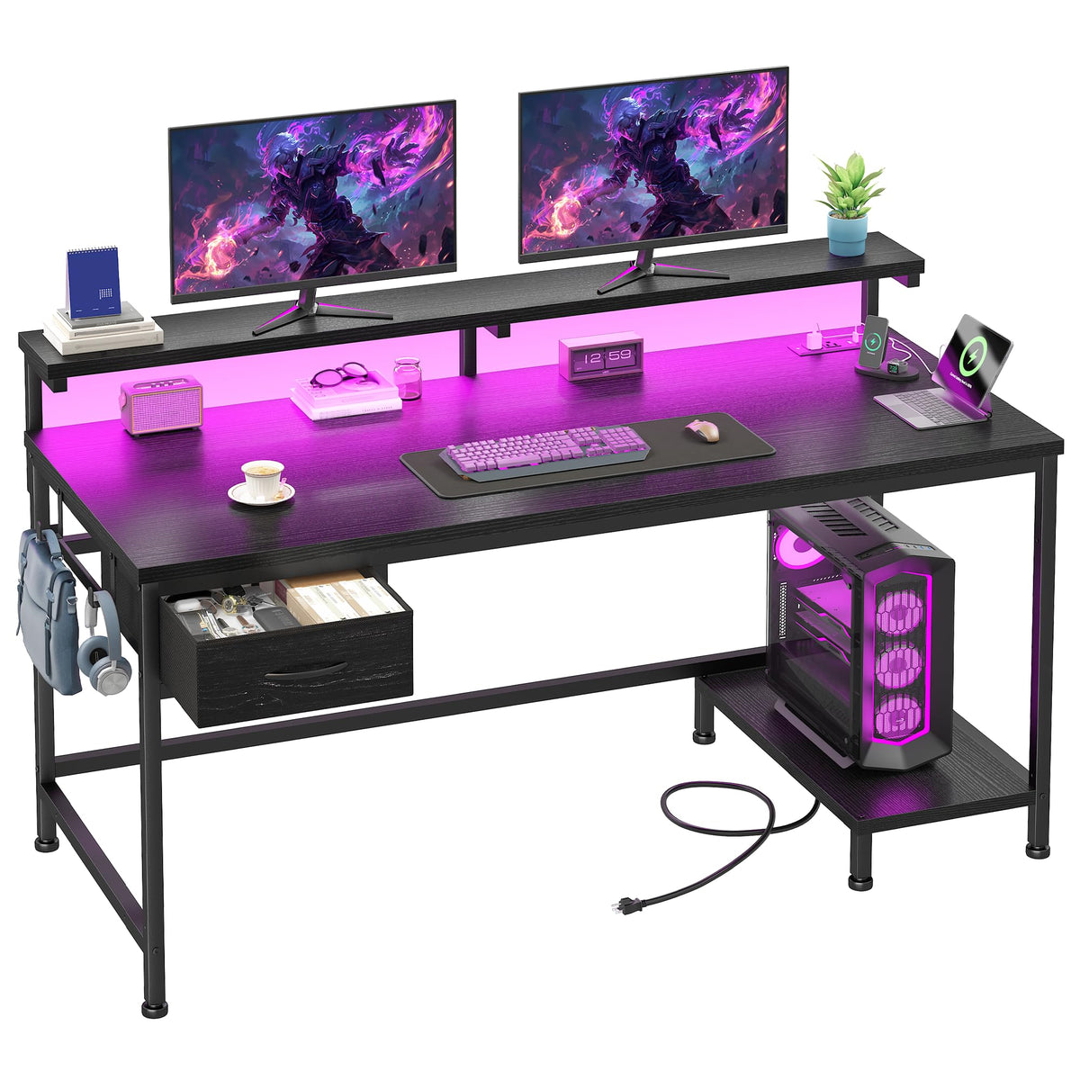 DurayLoly 47.2" Gaming Desk with Power Outlet and LED Lights,Bedroom,Black