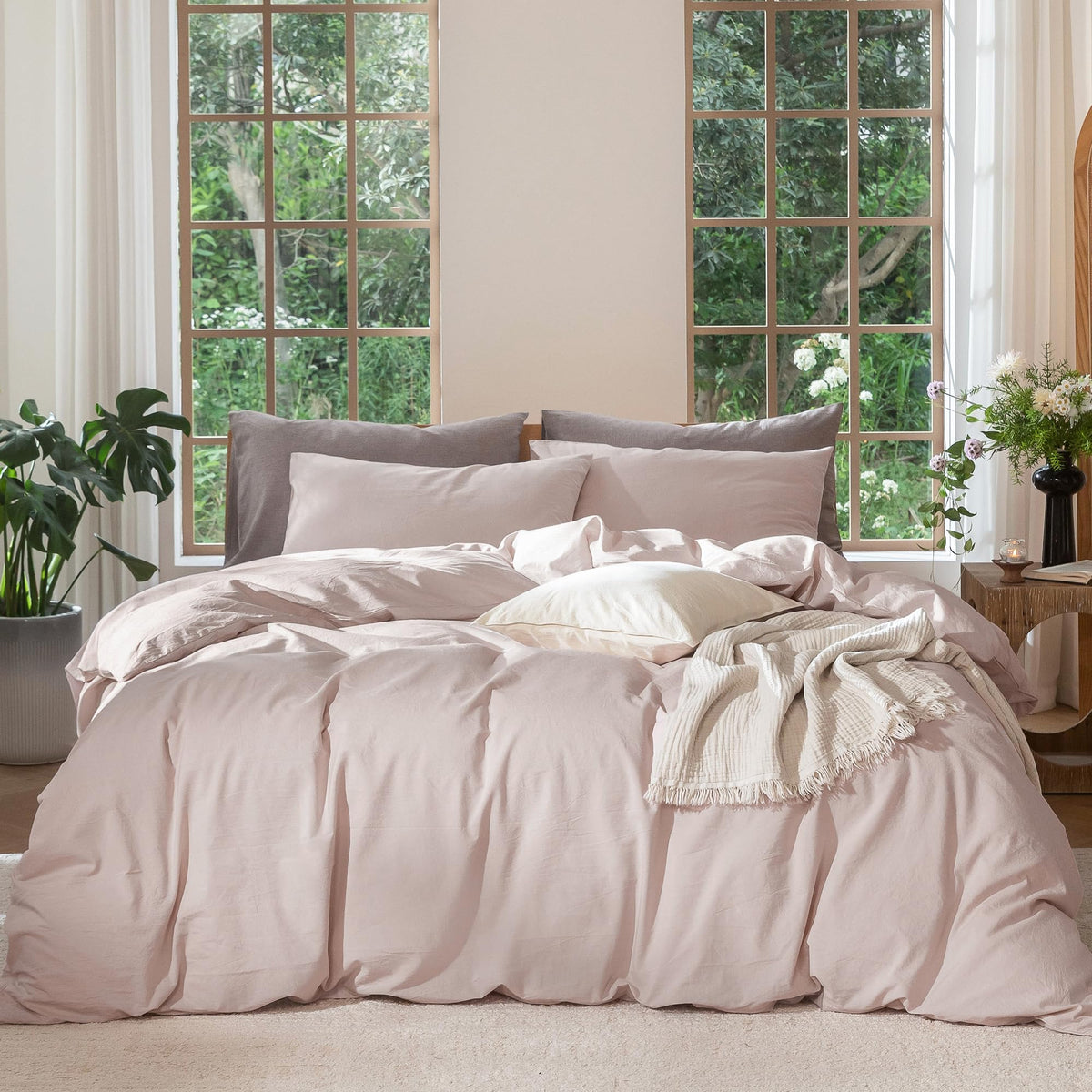 MooMee Duvet Cover Set 100% Washed Cotton Linen Like King