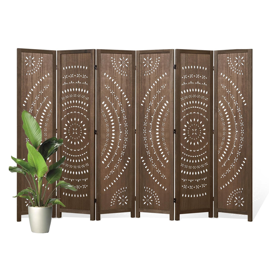 66.9Inch Folding Room Divider, 6 Panels Wood Carved Privacy Screens Free Assembled Freestanding Partition for Bedroom Home Office (Brown)