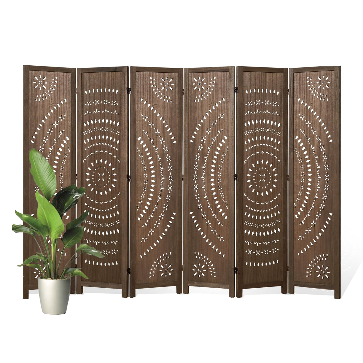 66.9Inch Folding Room Divider, 3 Panels Wood Carved Privacy Screens, Free Assembled Freestanding Partition for Home Office Restaurant Bedroom (Brown)