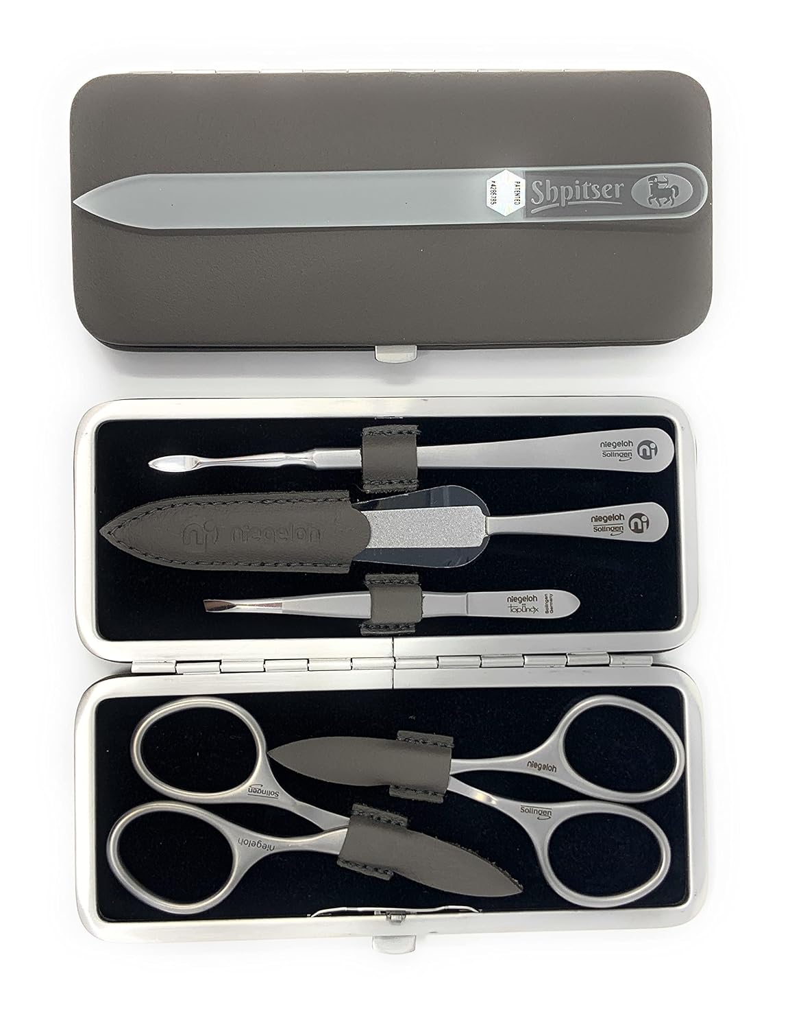 Niegeloh Solingen TopInox Surgical Stainless Steel Luxuries Manicure Set Grooming kit In Quality Nappa Leather Case Made in Germany Plus BONUS: SHPITSER Crystal Glass Nail File