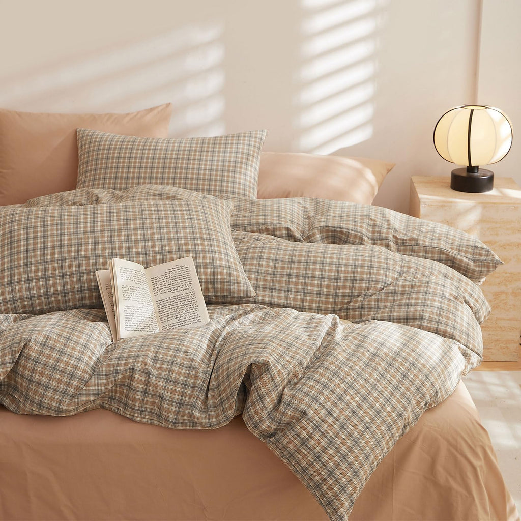 EAVD Vintage Buffalo Plaid Duvet Cover Queen Red&Black&Green Muslin Cotton