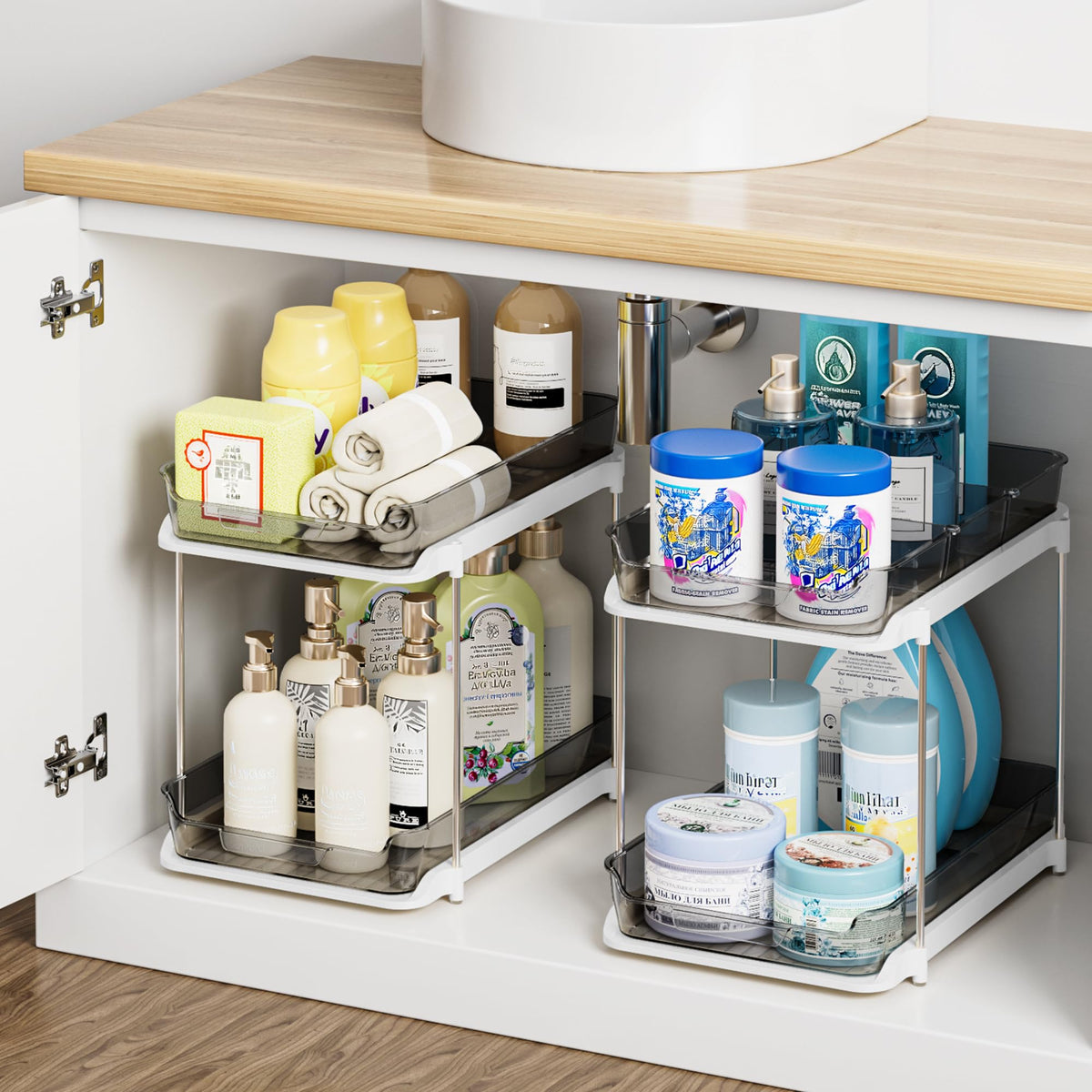 Delamu 2-Tier Multi-Purpose Bathroom Under Sink Organizers and Storage, Stackable Kitchen Pantry Organization, Pull Out Medicine Cabinet Organizer with Movable Dividers, White, 4Pack