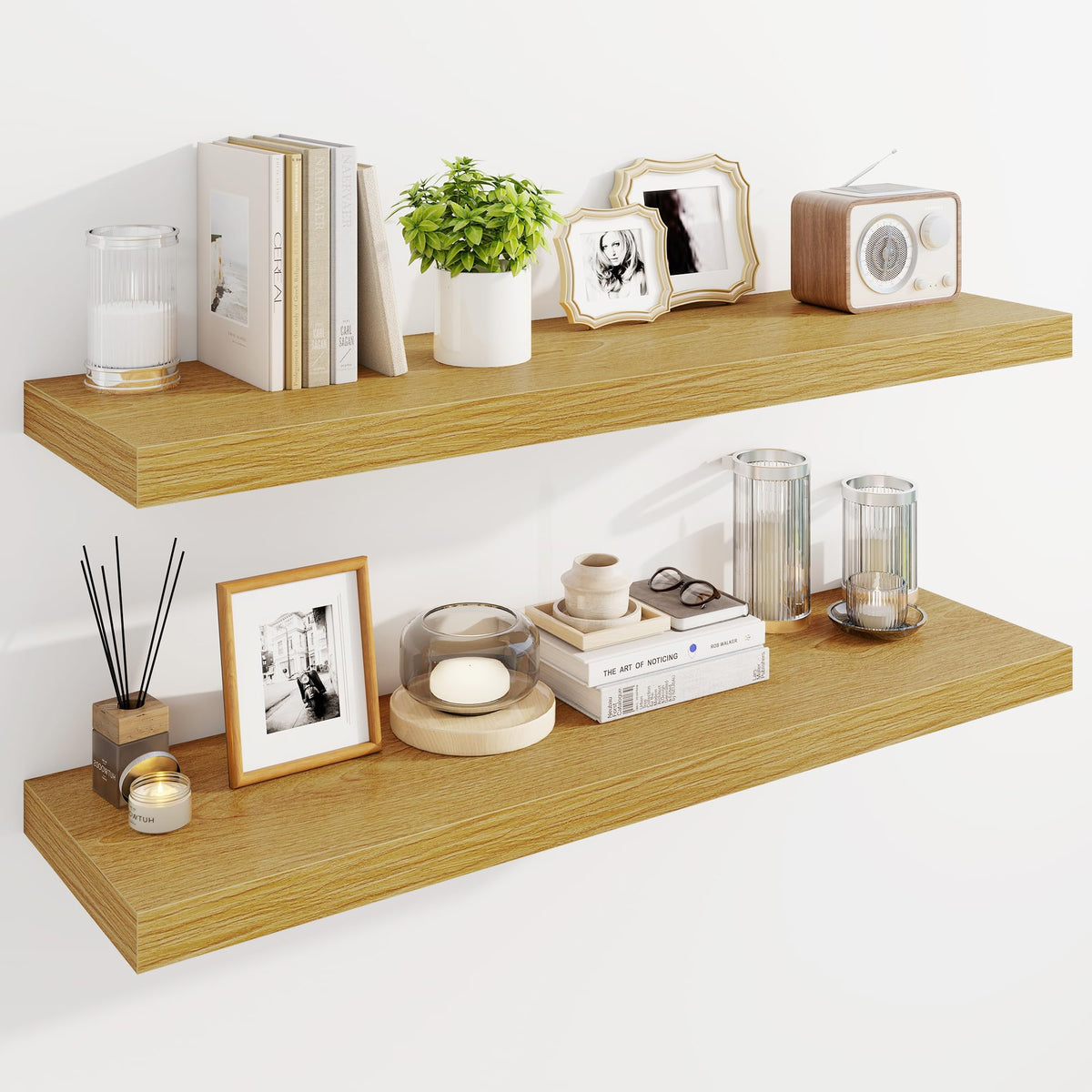 Marsmiles 55" Floating Shelves for Wall, Wooden Shelves with Invisible Brackets Set of 2, Rustic Farmhouse Wall Mounted Shelf for Kitchen Bathroom Living Room Study, White