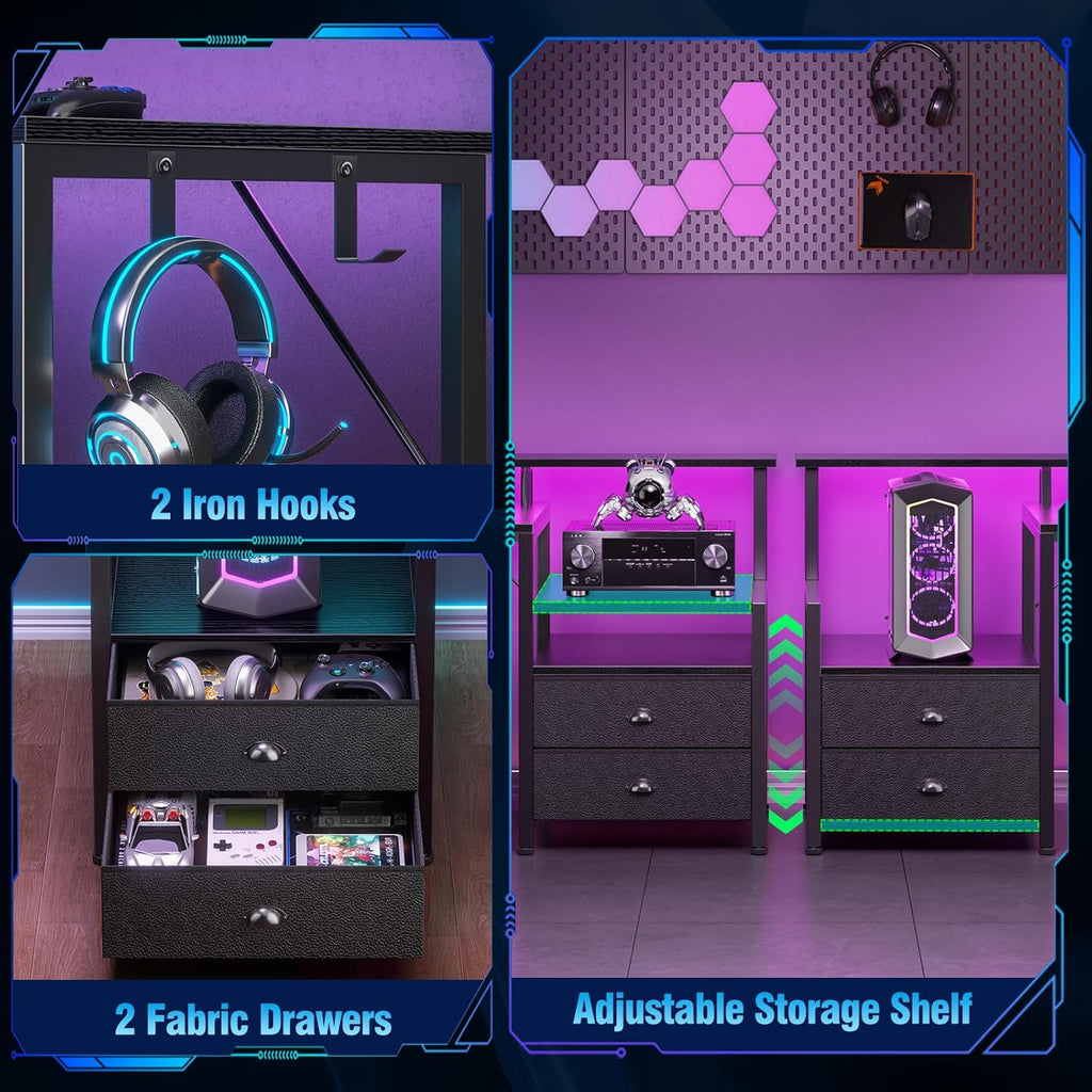 Korfile 66'' L Shaped Gaming Desk with Storage Drawers, Power Outlets, LED