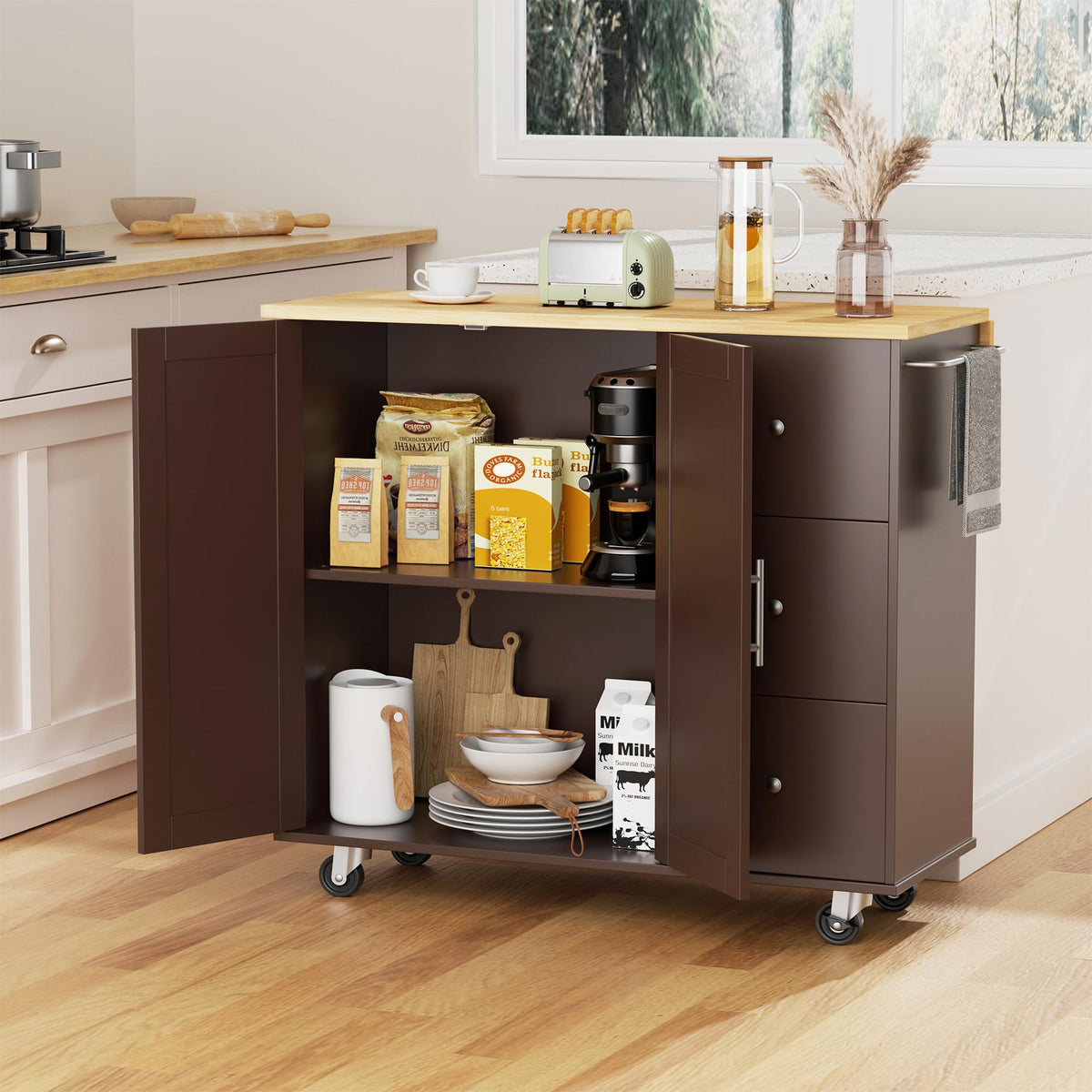 JY QAQA 26" Rolling Kitchen Island Cart on Wheels, Mobile Storage Cabinet with Drawer & Inner Shelves, Towel Rack, Lockable Casters, Wood‑Top Portable Prep Cart for Kitchen Dining Apartment, White