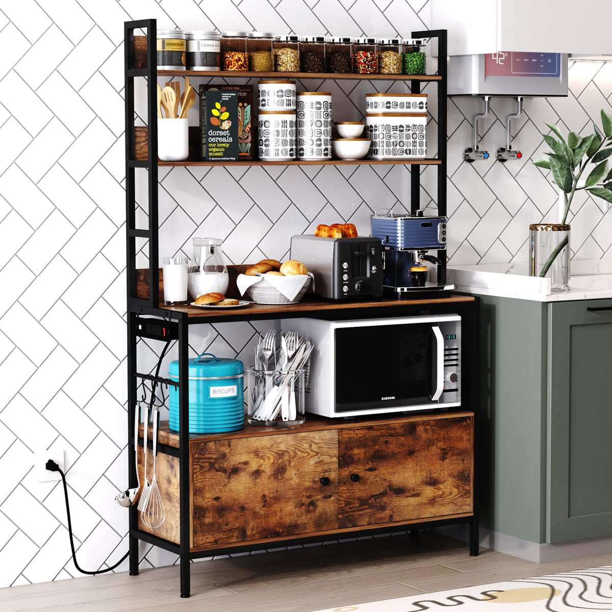 Kitchen Bakers Rack with Baskets,5-Tier Free Standing Storage Shelf Rack,Industrial Microwave Oven Stand,Metal Kitchen Rack Organizer with Hooks