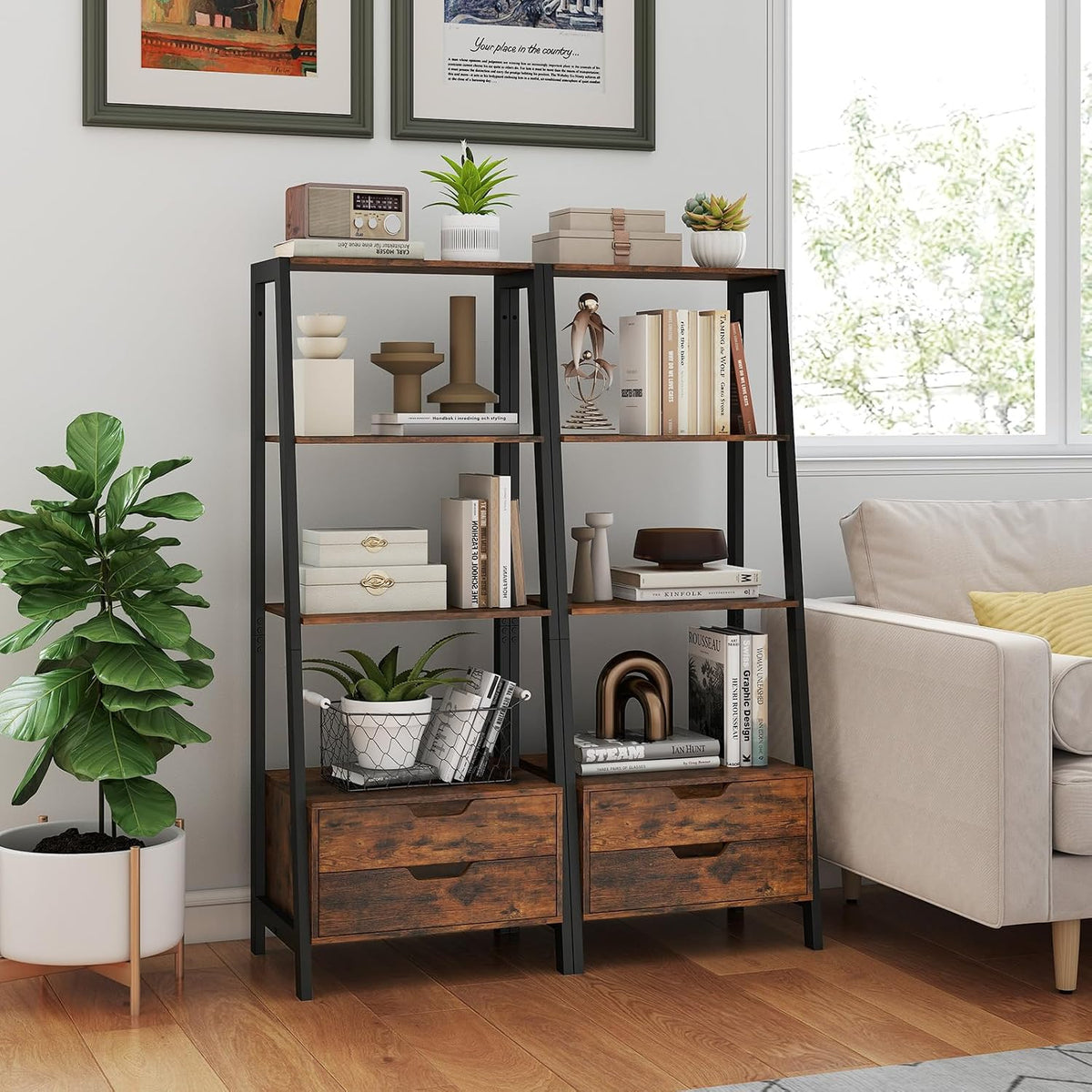 GIANTEX 4-Tier Bookshelf with 2 Drawers Set of 2, Modern Ladder Bookshelf w/Storage, Sturdy Metal Frame, Anti-toppling Devices, Display Standing Shelf Unit, Freestanding Bookcase, Rustic Brown