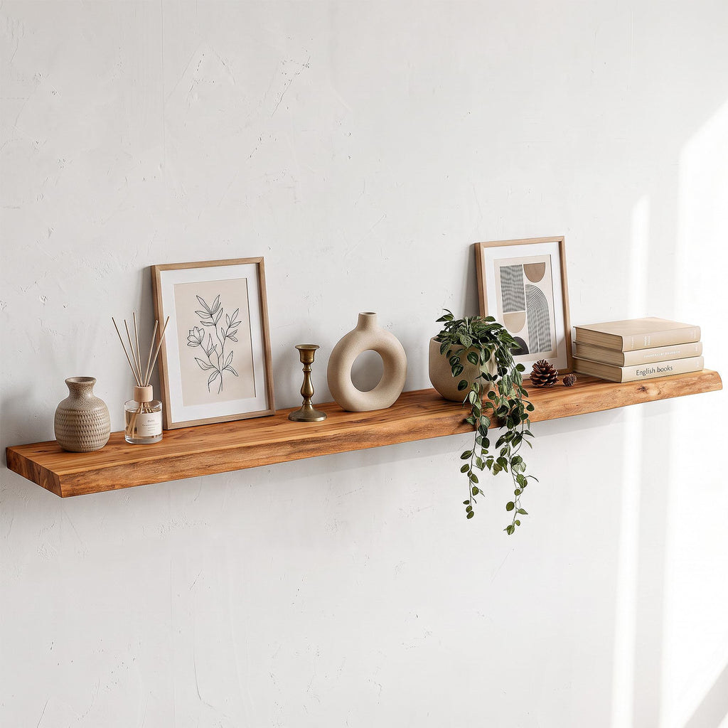 Live Edge Elm Floating Shelves - 24 In Rustic Solid Wood Shelves with Heavy-Duty Invisible Bracket, Wall-Mounted Wooden Shelf for Living Room, Bathroom, Kitchen Storage & Display, Set of 2, Natural
