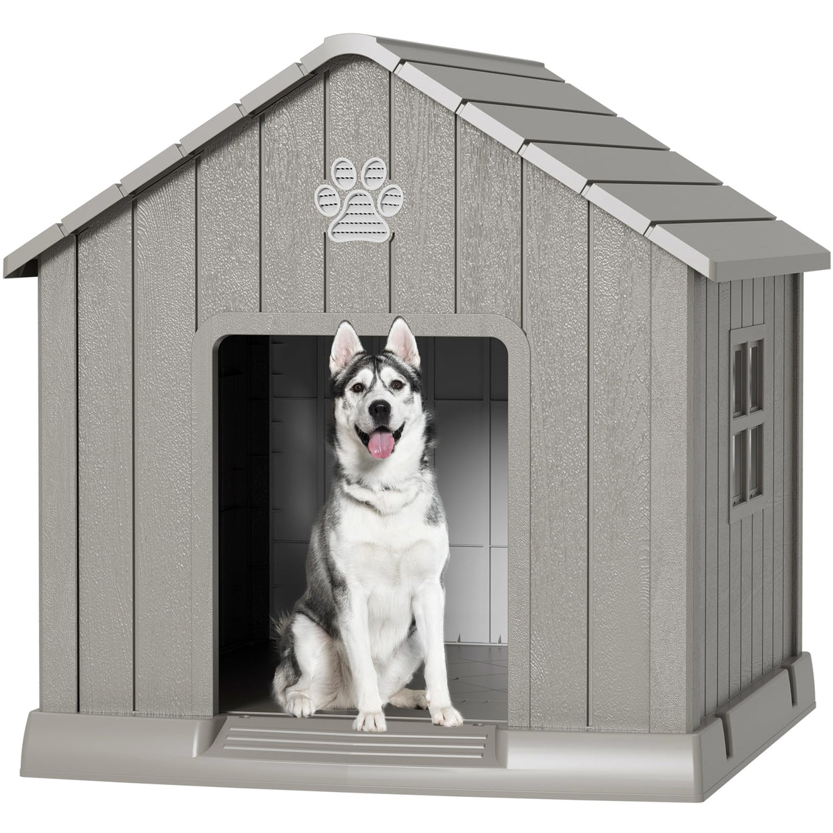 Fancyango Large Dog House Outdoor Indoor for Medium Large Dogs, Sturdy Plastic Waterproof Doghouse with Air Vents and Elevated Floor, Easy Clean and Assemble (Grey, 36.2''L×38''W×38''H)