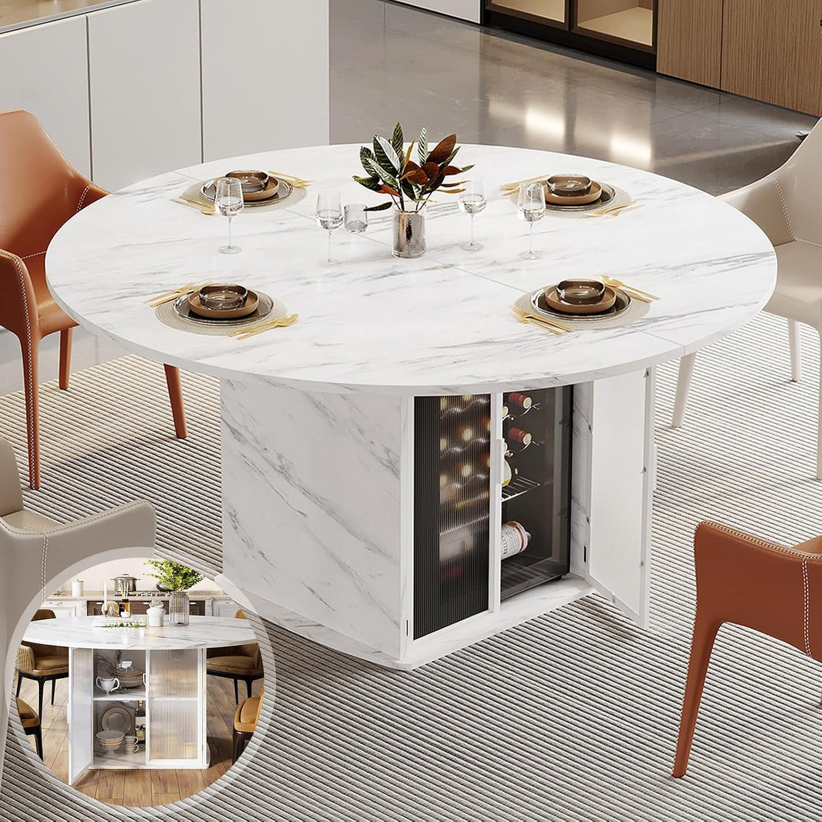 IBF 47" White Faux Marble Round Dining Table with Storage for Dining Room