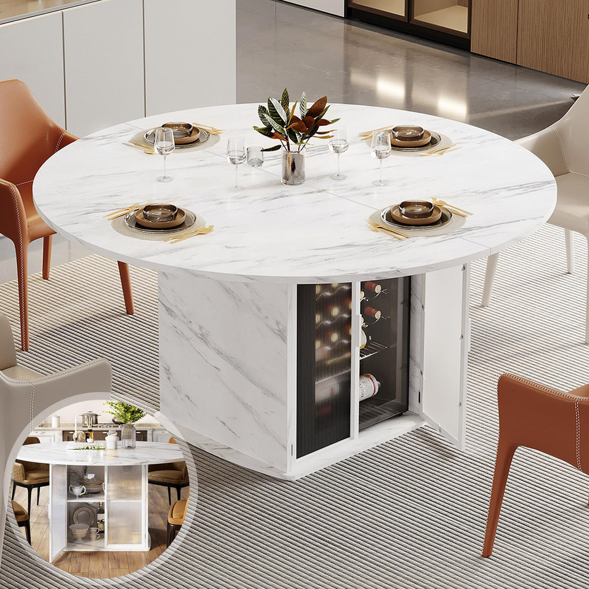 IBF 47" White Faux Marble Round Dining Table with Storage for Dining Room