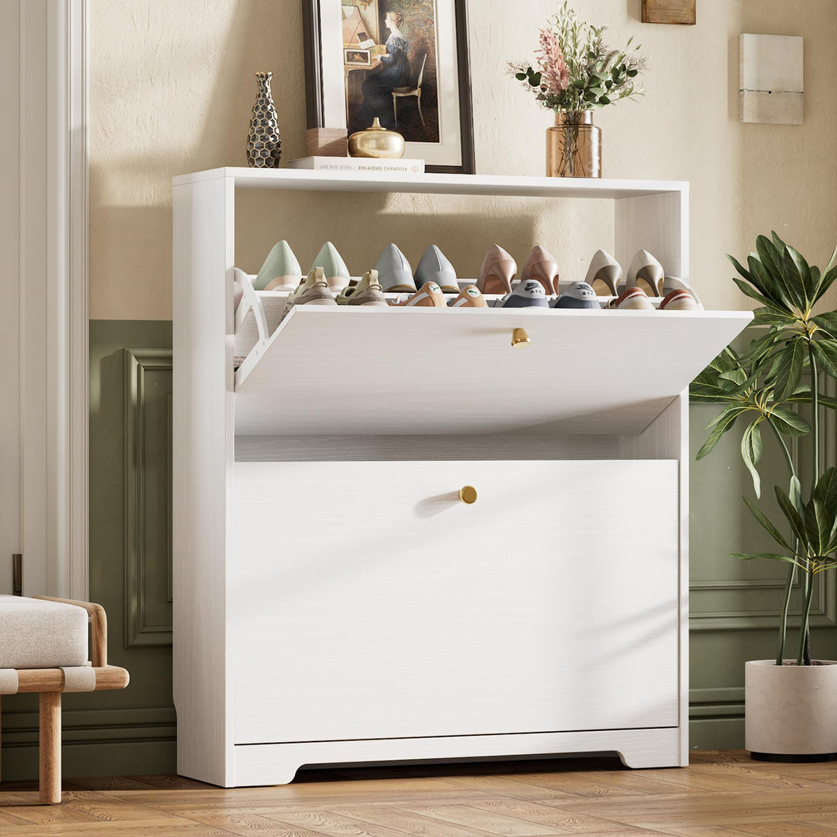 Nicetree Shoe Cabinet with 3 Flip Drawers, Narrow Shoe Organizer Cabinet, Freestanding Shoe Rack Cabinet, Modern Shoe Storage Cabinet for Entryway, Hallway, Foyer, White