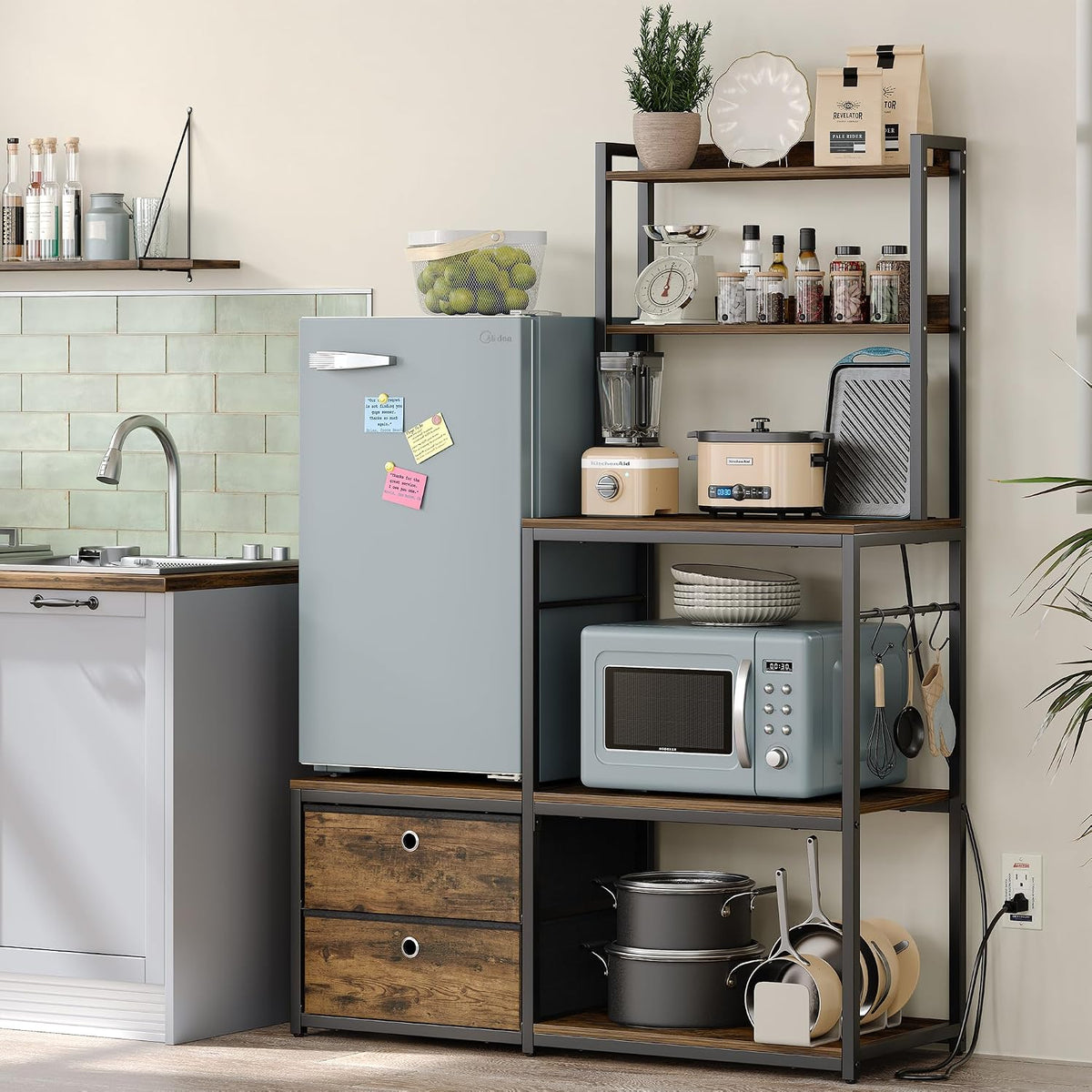 Furniouse Mini Fridge Stand with Storage, Refrigerator Cabinet with Power Outlet - Multifunctional Microwave Stand, Coffee Bar Station for Dorm, Office and Kitchen, Rustic Brown