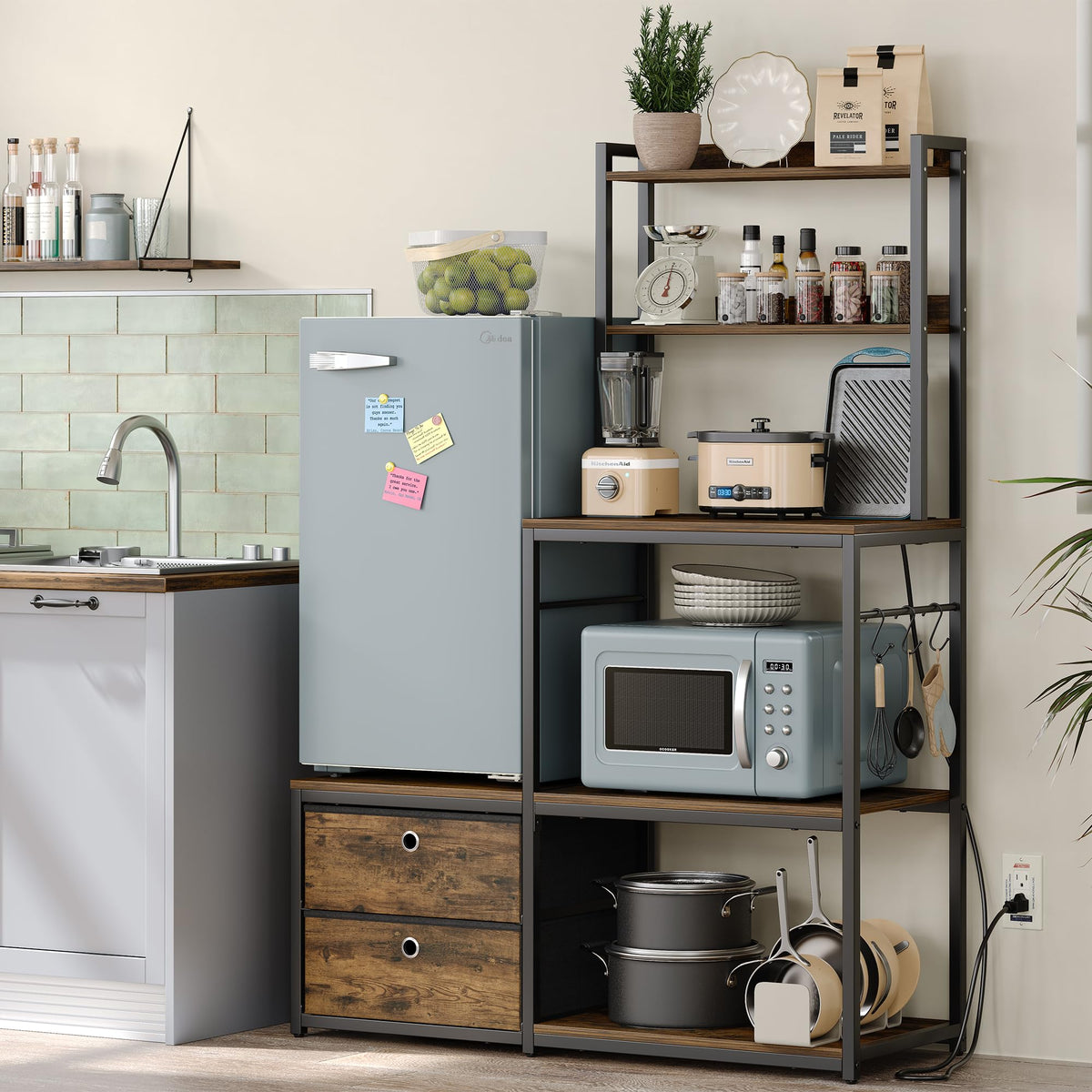 Furniouse Mini Fridge Stand with Storage, Refrigerator Cabinet with Power Outlet - Multifunctional Microwave Stand, Coffee Bar Station for Dorm, Office and Kitchen, Rustic Brown