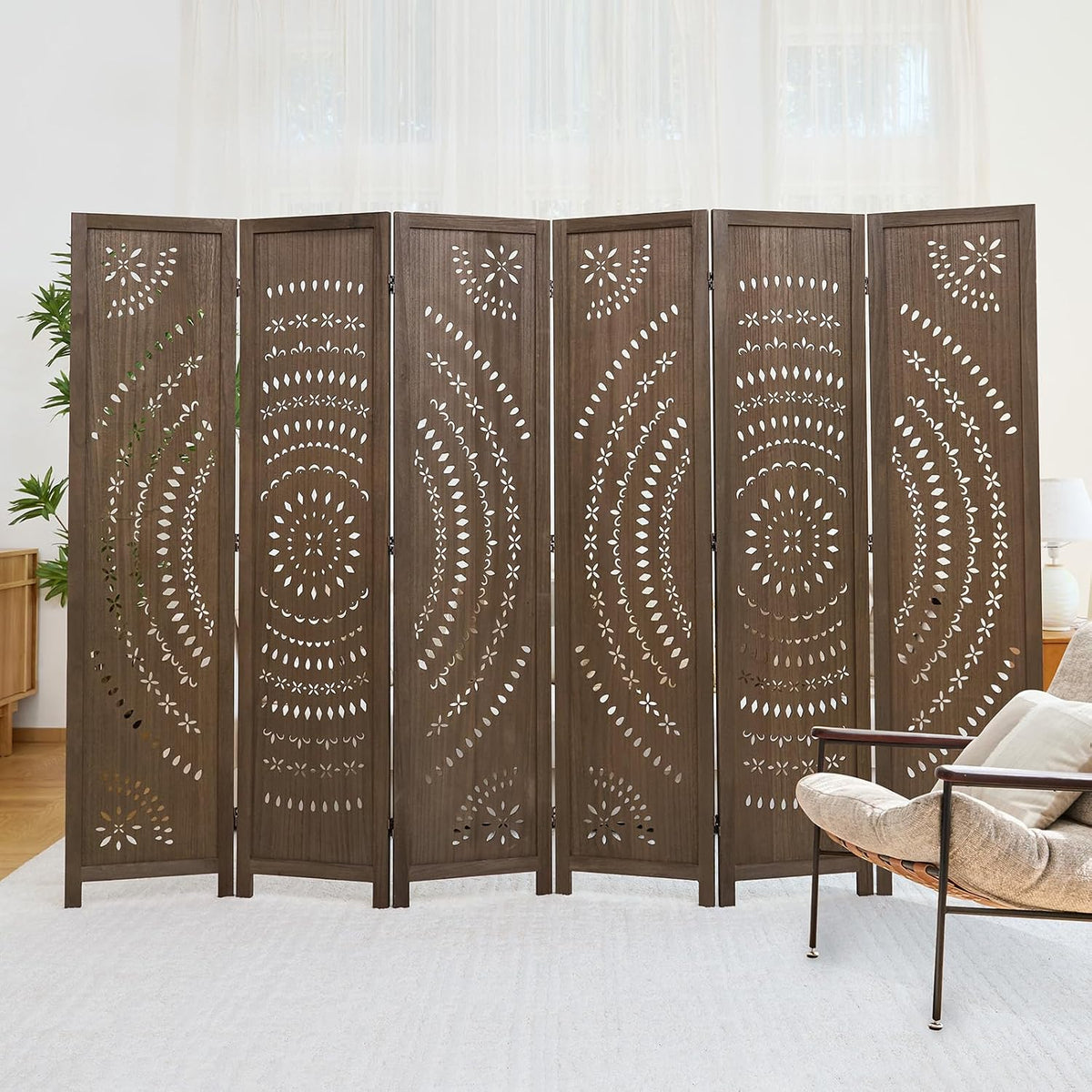 66.9Inch Folding Room Divider, 6 Panels Wood Carved Privacy Screens Free Assembled Freestanding Partition for Bedroom Home Office (Brown)