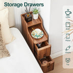 Narrow Nightstand Set of 2, Wood 2 Drawer Small Nightstand, Slim Side Table, Modern Skinny End Bedside Table, Natural Wood Night Stand with Drawers for Bedroom (Walnut-2 pcs)