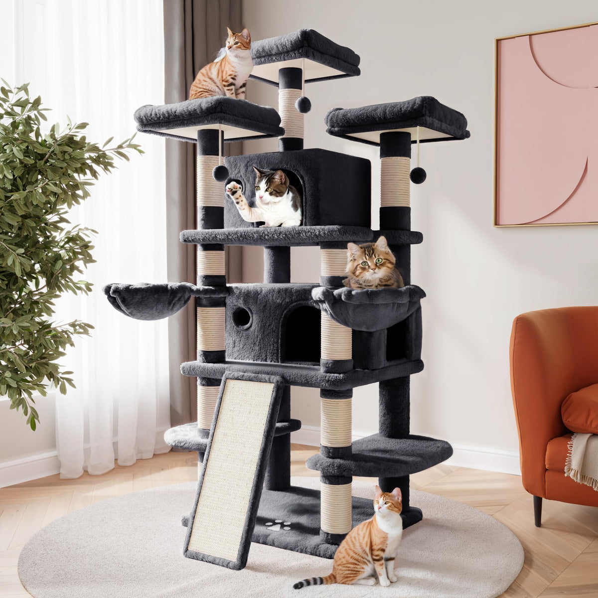 SHA CERLIN 68 Inches Multi-Level Large Cat Tree for Large Kitties/Big Cat Tower with Condo/Cozy Plush ‌Pussycat Perches/Sisal Scratching Posts and Hammocks/Activity Center/Leopard Print