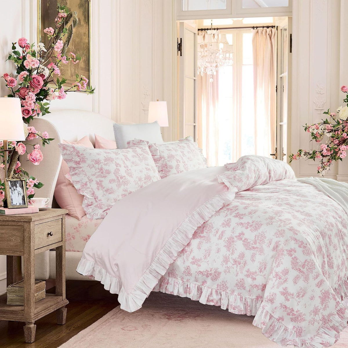 Brandream French Country Toile Queen Duvet Cover Set for Girl Women Bedroom Vintage Pink Toile Floral Print 100% Cotton Duvet Quilt Comforter Cover Pillow Shams Set with Delicate Ruffle Fringe