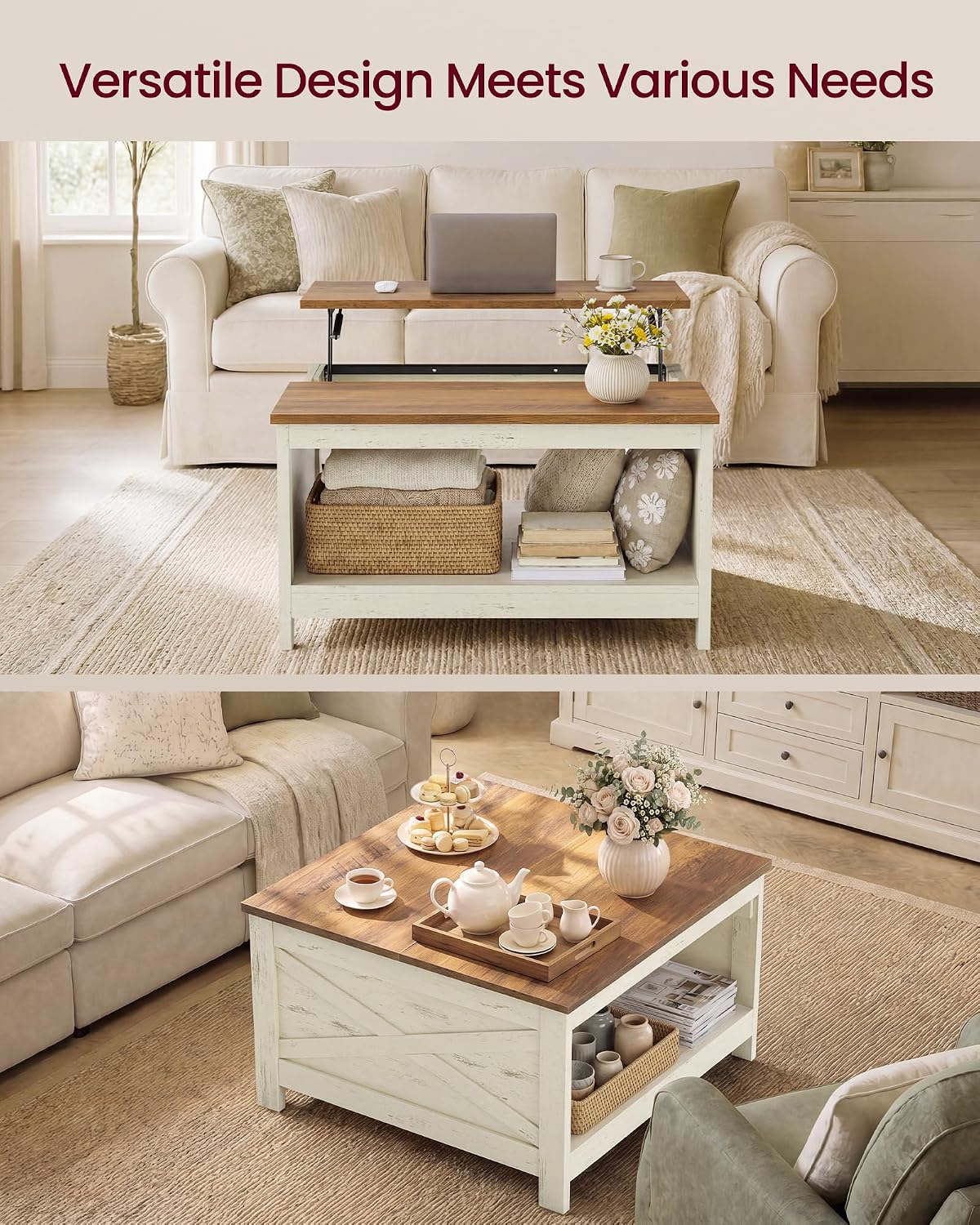 VASAGLE Lift Top Coffee Table, Square Farmhouse Coffee Table with Storage