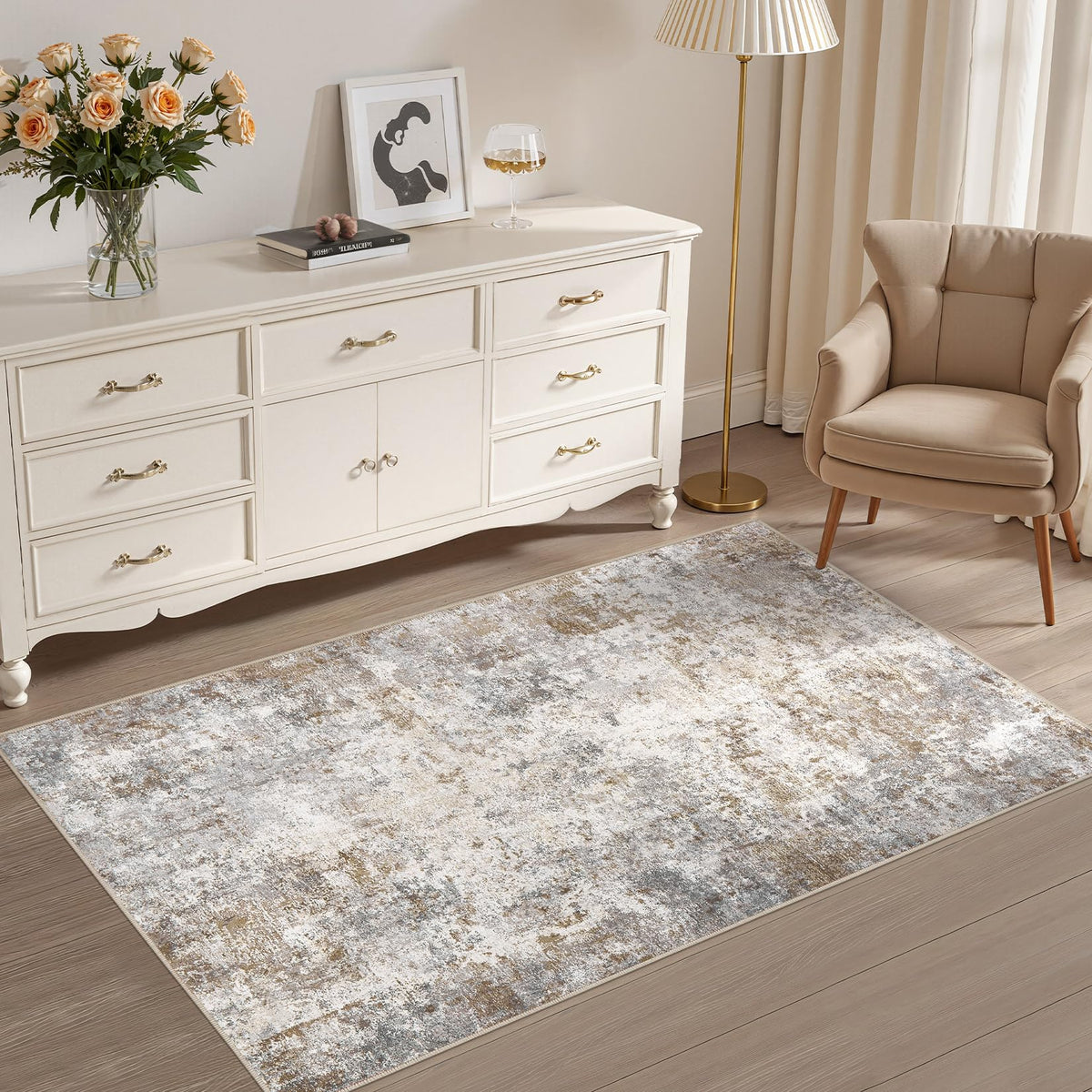 UERMEI 9x12 Area Rug Living Room Rugs - Washable Neutral Modern Abstract Soft Thin Large Rug Indoor Floor No Slip Rug Carpet for Bedroom Under Dining Table Home Office Decor - Brown Grey