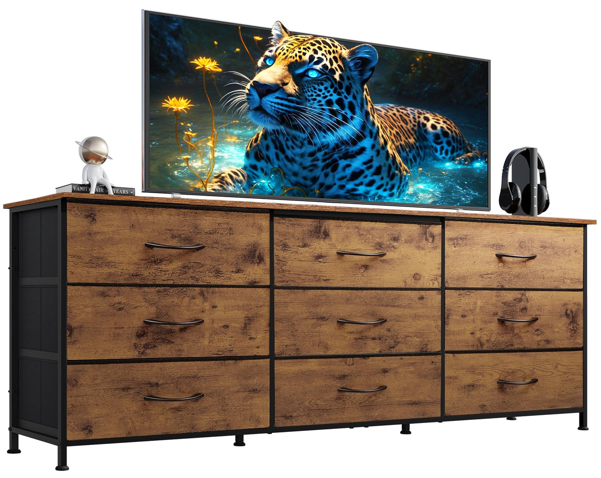 WLIVE Dresser TV Stand for 55 Inch TV, 9 Drawer Dresser for Bedroom, Black