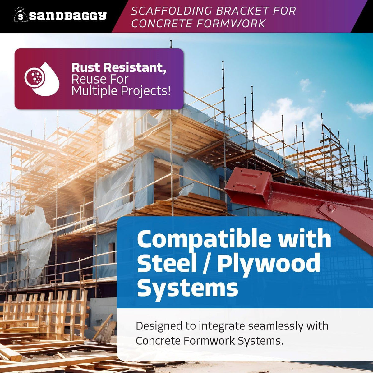Sandbaggy Scaffold Bracket for Concrete Formwork Systems (S-Wedge Attached) - Steel/Plywood Systems - 500 lbs. Weight Capacity (4:1 Safety Factor) - Rust Resistant/Reusable (2)