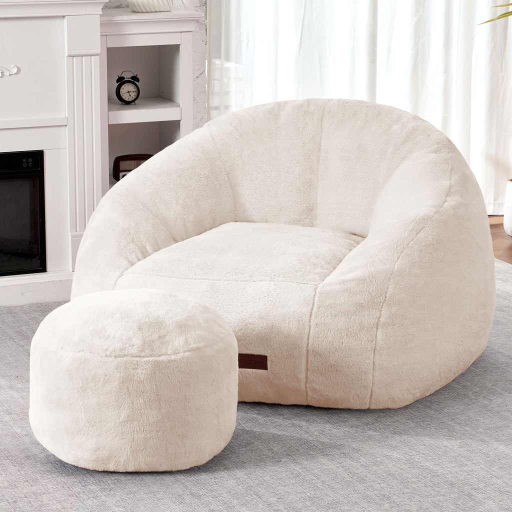 HABUTWAY Bean Bag Chair, Giant Bean Bag Chairs for Adults with Ottoman, Comfy Faux Fur Shell-Shaped Bean Bag Couch, Sofa Chair for Living Room, Bedroom, Purple