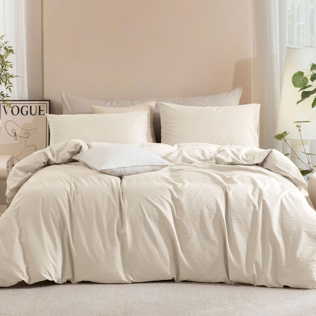 JIYUAN Queen Washed Cotton Duvet Cover Set, 3-Piece, Relaxed Linen Feel