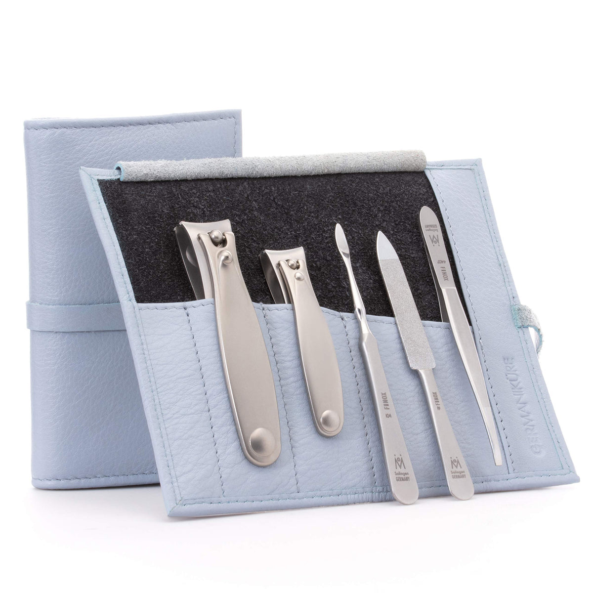 GERMANIKURE 7pc Manicure & Pedicure Set, FINOX Steel, Purple Leather Roll