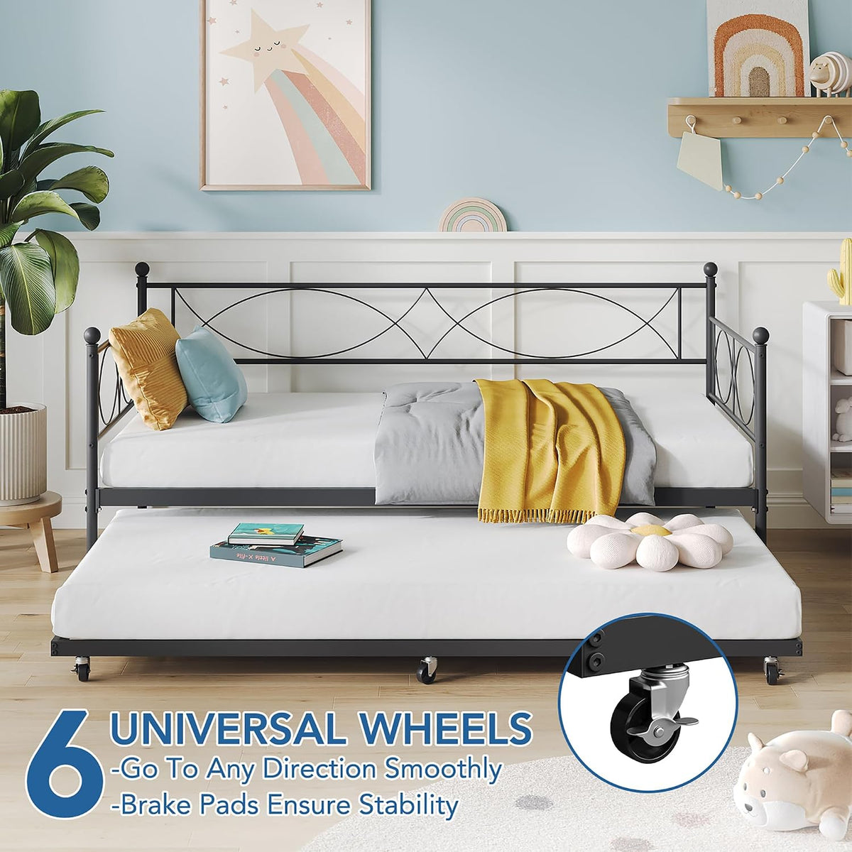 IDEALHOUSE Metal Twin daybed with Trundle with Steel Slat Support