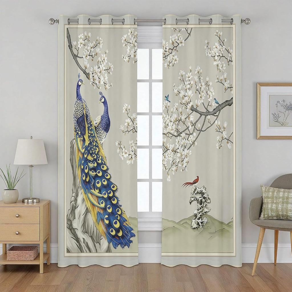 Peacock Curtains 96 Inches Long, Oriental Floral Animal Blackout Curtain