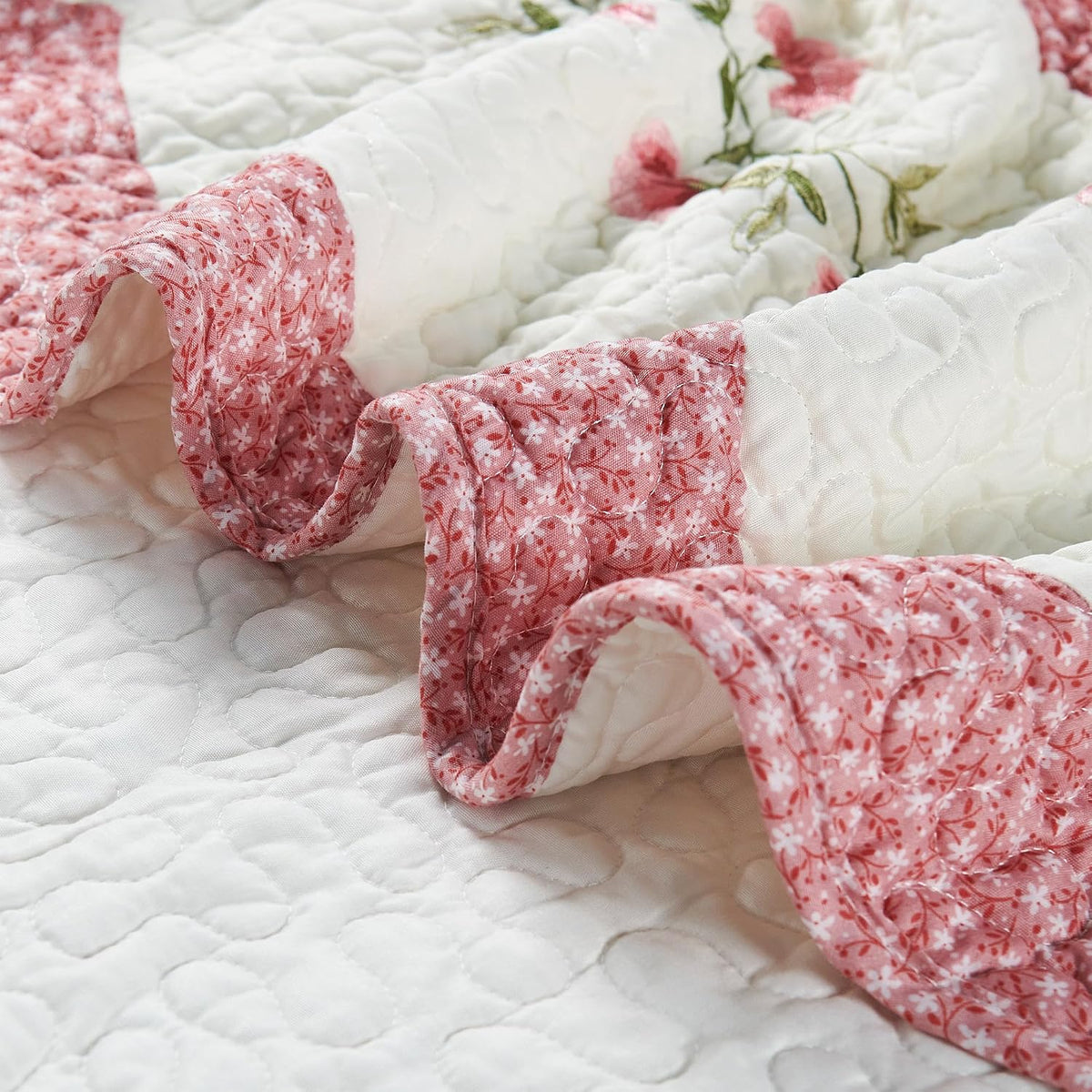 5-Piece Quilted Microfiber Daybed Cover Set with Floral Embroidery, All Season Luxurious Bedding with Matching Shams and Bed Skirt, 75"x39", Pink Flower