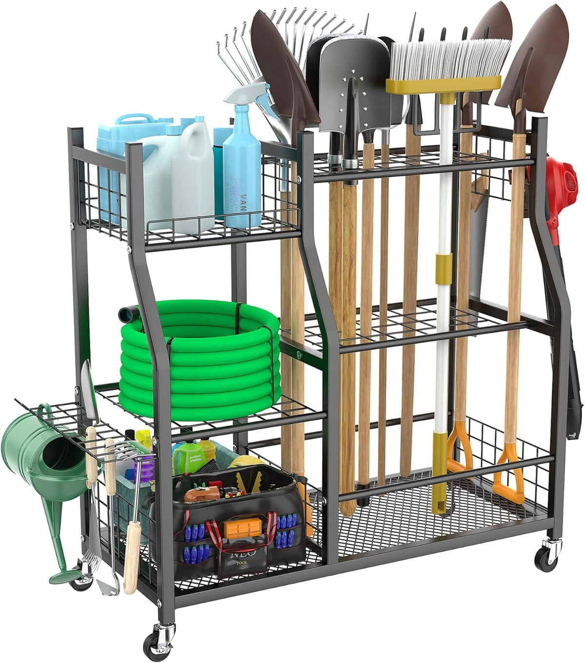 WALMANN Garden Tool Organizer with Wheels, Rakes/Shovels/Yard Tools Stand