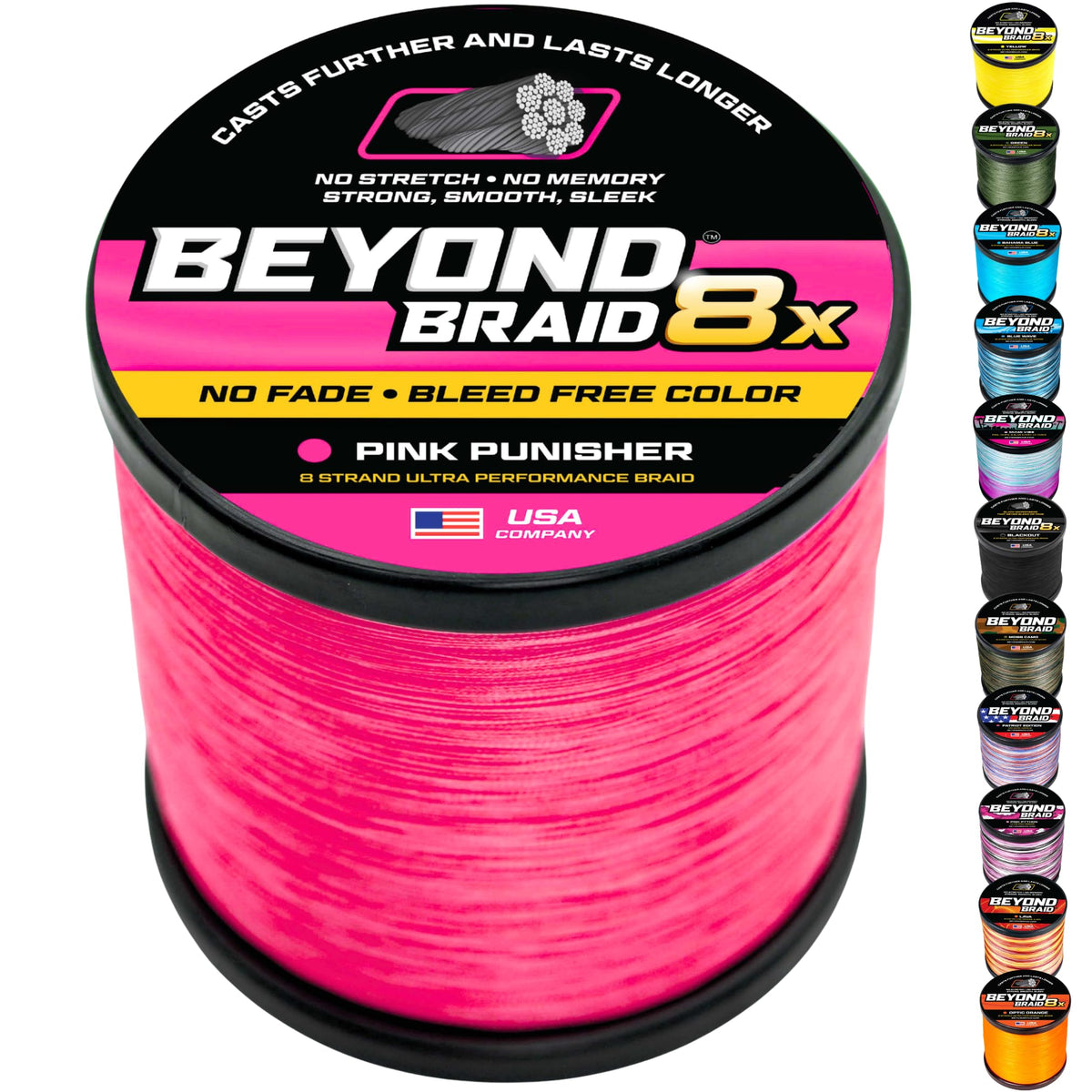 Beyond Braid Braided Fishing Line -Super Strong - Abrasion Resistant - No Stretch -Blue Camo, Moss Camo, White, Green, Pink, Blue, 4 Strand 8 Strand
