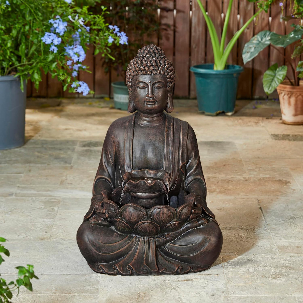 Glitzhome Buddha Statue 28" H, Outdoor Large Statue Zen Style Buddha Fountian with LED Light & Pump Polyresin Outdoor Floor Freestanding Fountain Garden Buddha Sculptures & Statues Lawn Décor