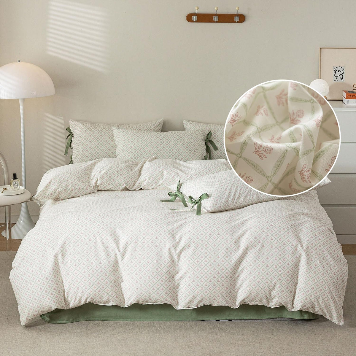 LifeTB Green Floral 100% Jersey Knit Cotton Duvet Cover Queen Vintage Style Botanical Floral Bedding Set Chic Shabby Green Floral Comforter Cover Girl Women Flower Bedding Cover with 2 Pillowcases