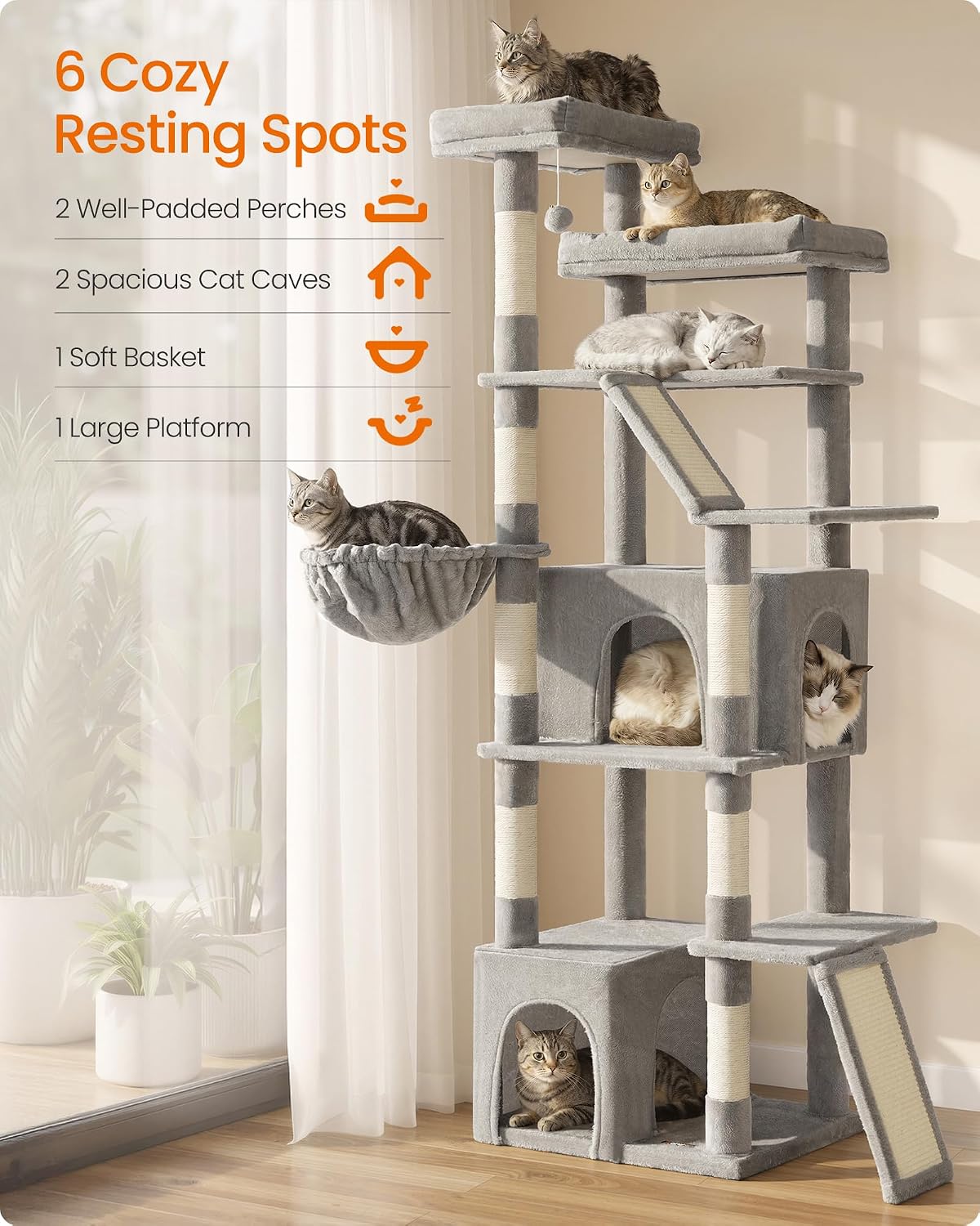 Feandrea 72.6-Inch Tall Cat Tree Tower for Indoor Extra Large Cats, Scratching Posts, Scratching Boards, Multi-Level Design, Dove Gray UPCT014G101S