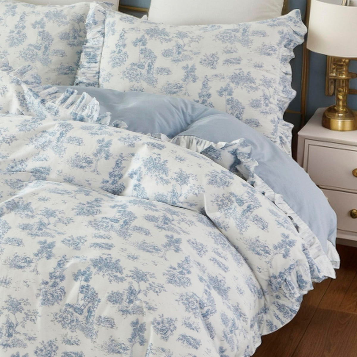 Brandream French Country Toile Queen Duvet Cover Set for Girl Women Bedroom Vintage Pink Toile Floral Print 100% Cotton Duvet Quilt Comforter Cover Pillow Shams Set with Delicate Ruffle Fringe