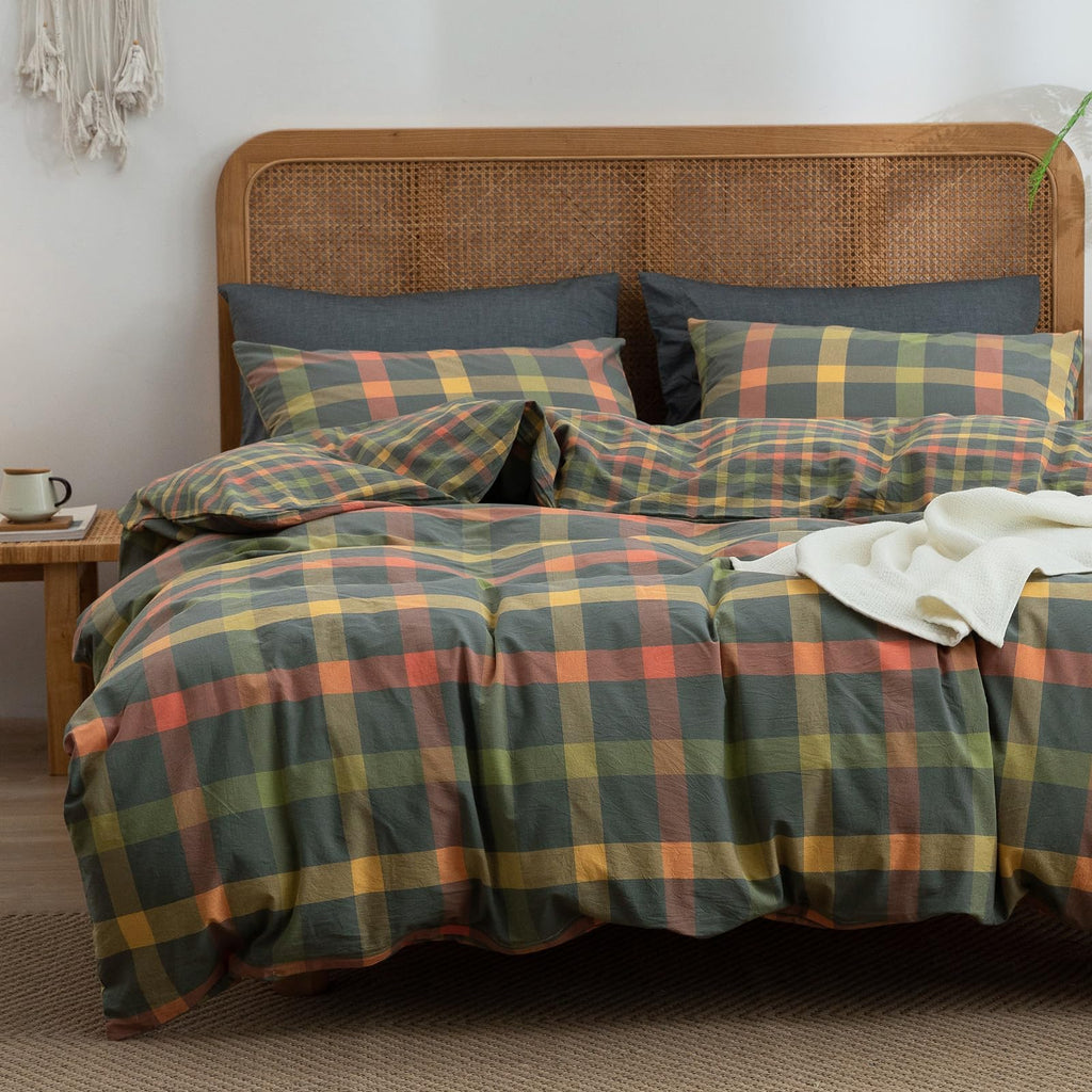 Plaid Duvet Cover Set Washed Cotton,Queen(90"x90"),Multicolor Gingham