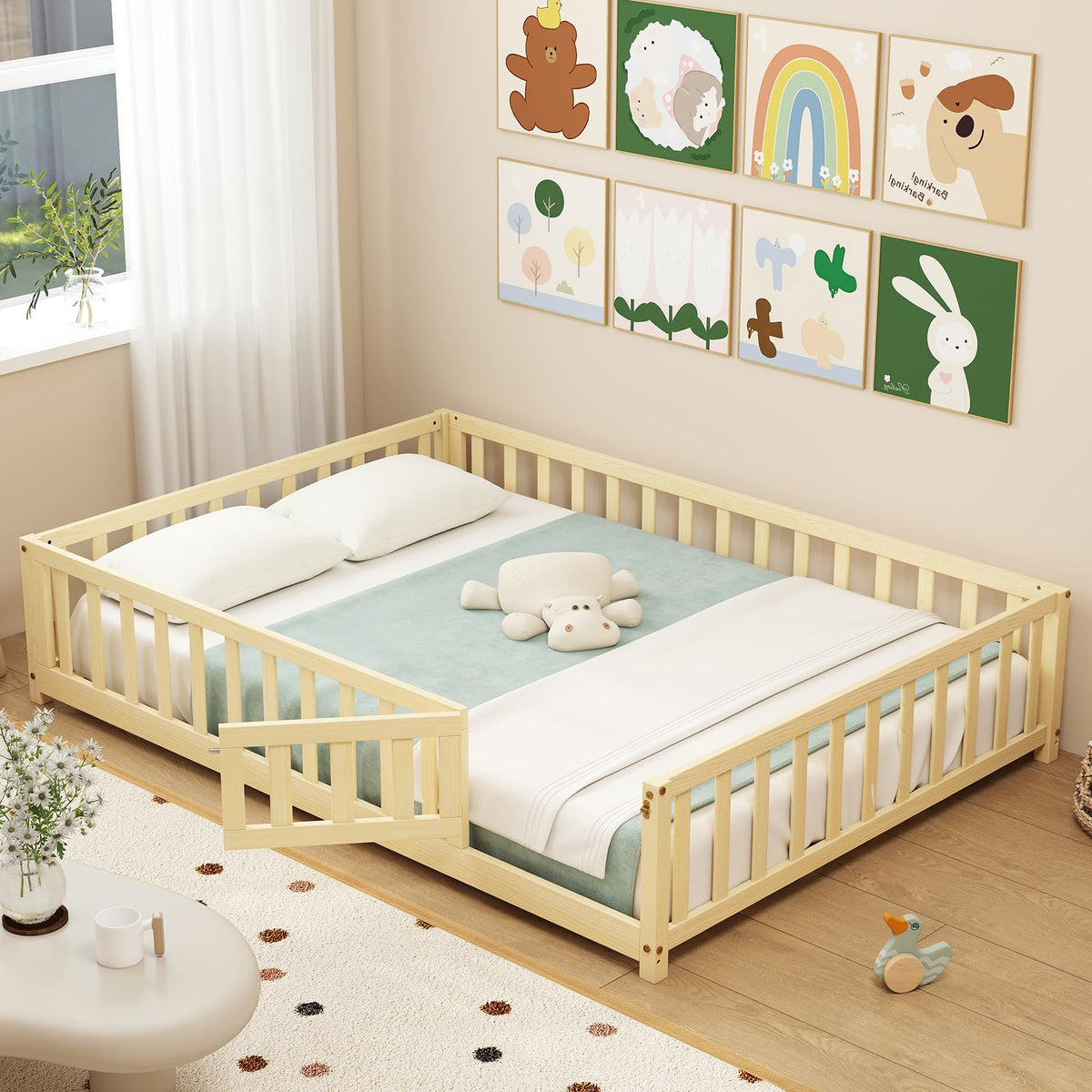 GIANTEX Full Size Floor Bed for Kids, Wooden Montessori Bed Frame with Bookcase, Storage Shelves & Safety Fence Rails, Floor Beds Full for Girls, Boys, No Box Spring Needed, Without Slats, White