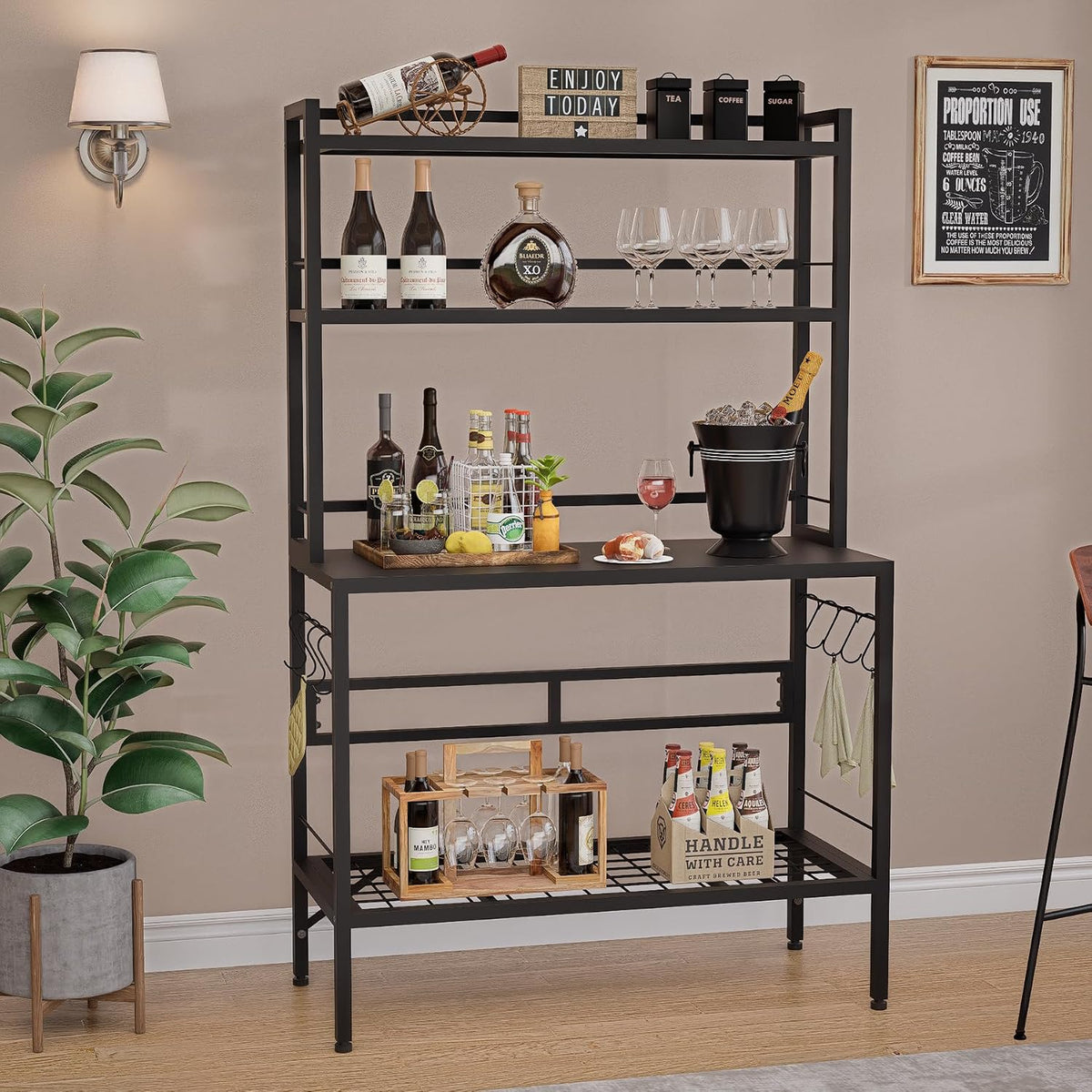 Bakers Rack with Open Bottom, 63''H Metal Microwave Stand with 8 Hooks, 4-Tier Heavy Duty Baker's Rack with Mesh Shelf, Multi-Purpose Display Rack&Potting Bench Table for Patio, Black