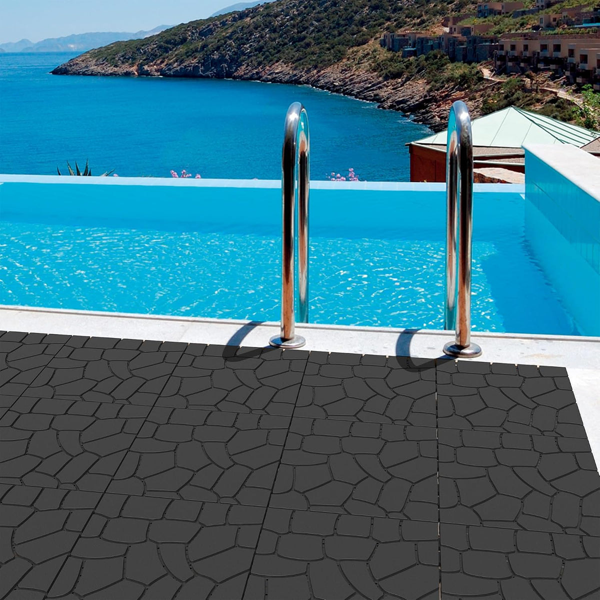 12" Patio Deck Tile, Patio Flooring, 44 Packs Deck Tiles Interlocking Outdoor All Weather, Flooring Tiles for Balcony, Backyard Pool decking Tiles, Easy Installation, Dark Gray - Stone Texture