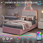 IDEALHOUSE Twin LED Bed, 2 Drawer Trundle, Pink Wave Headboard