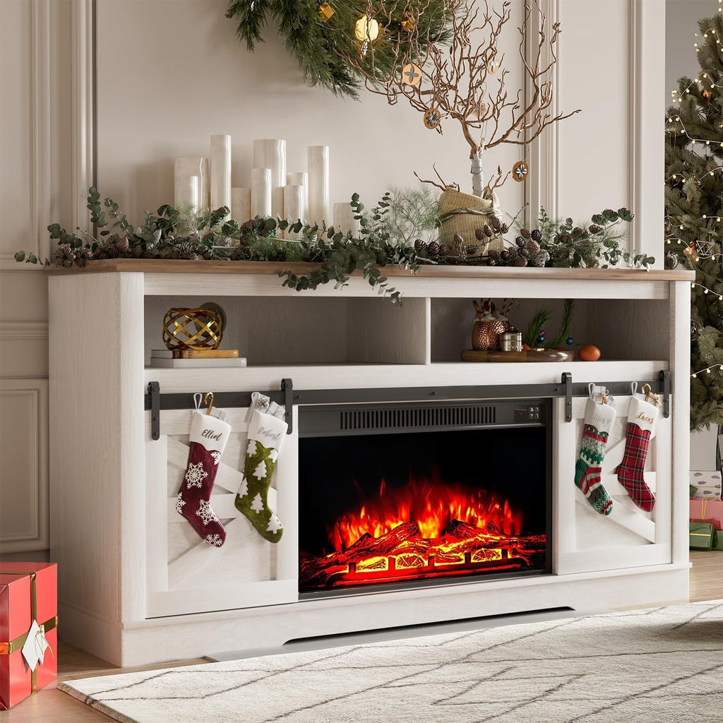 YESHOMY 58" Farmhouse TV Stand for TVs up to 65", Sliding Barn Doors, White