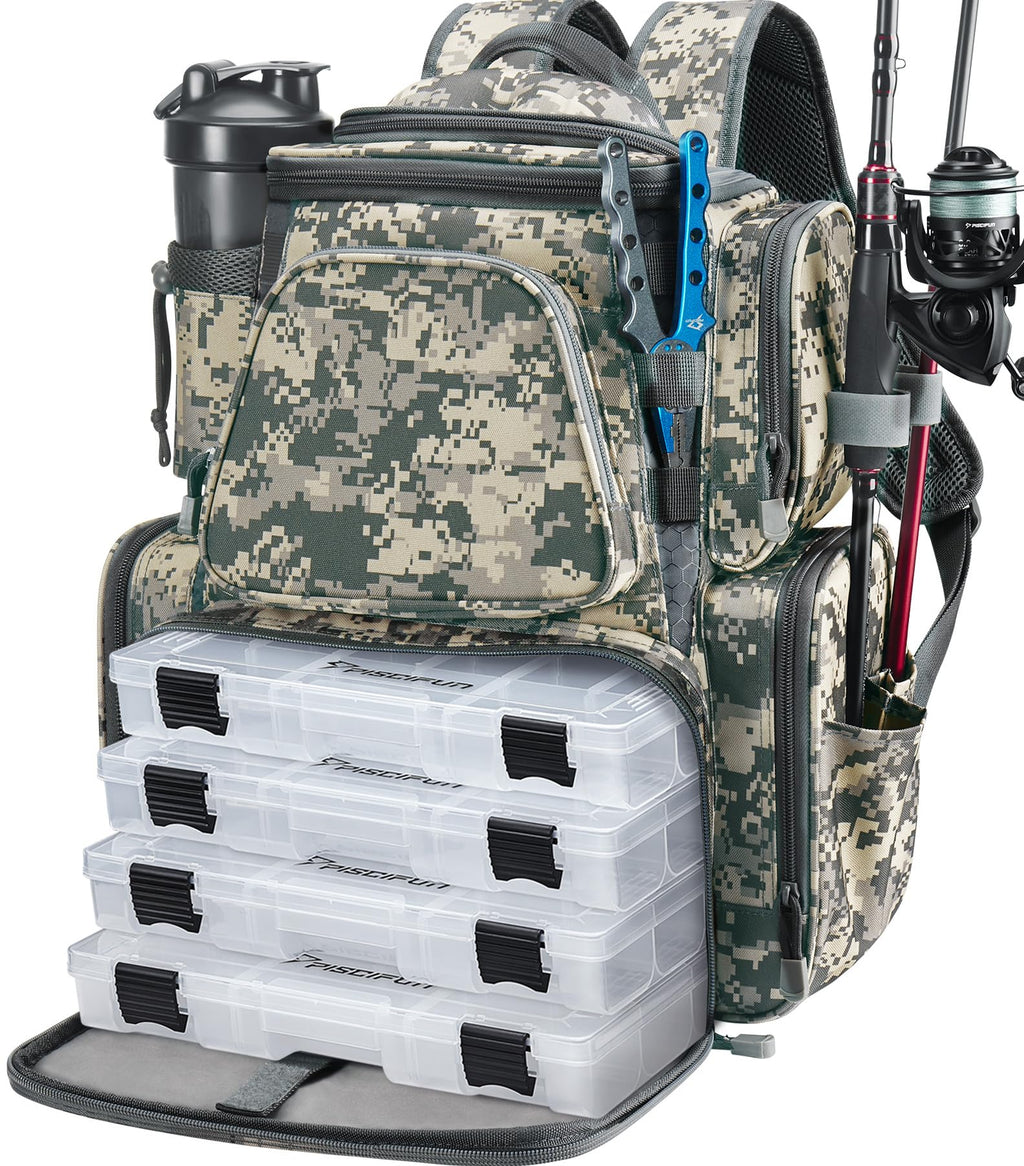 Piscifun Fishing Tackle Backpack with 2 Rod Holders, 4 Boxes & Rain Cover