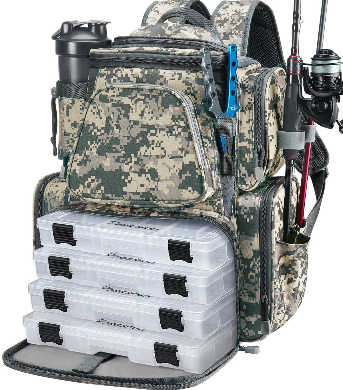 Piscifun Fishing Tackle Backpack with 2 Rod Holders, 4 Boxes & Rain Cover