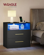 VASAGLE 23.6‑Inch Wide Nightstands, Set of 2, LED Lights, 2 Drawers